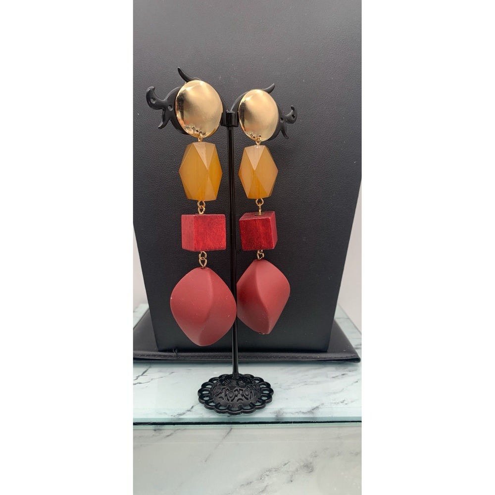 Gold Tone Burgundy And Carmel Fall Colors Chunky Statement Pierced Earrings